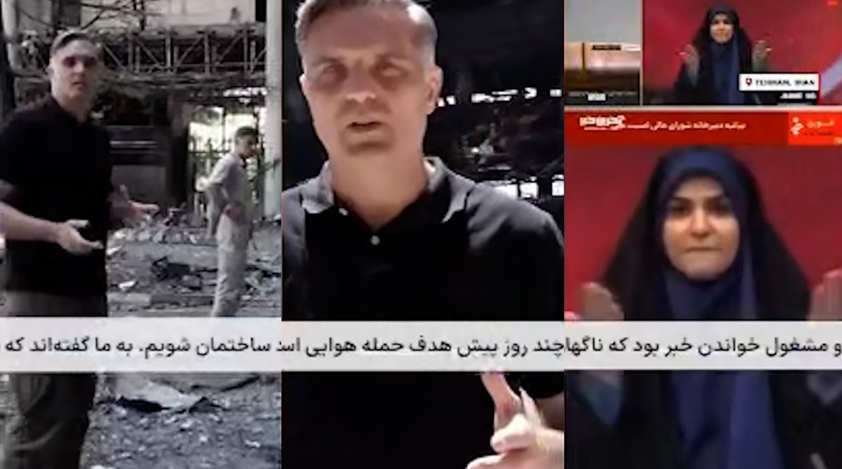 گزارشگر CNN در ساختمان شیشه‌ای صداوسیما پس از بمباران
