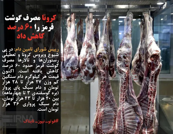 رییس شورای تامین دام: در پی شیوع ویروس کرونا و تعطیلی رستوران&zwnj;ها و تالارها مصرف گوشت قرمز حدود ۶۰ درصد کاهش یافته است. اکنون قیمت هر کیلوگرم دام سنگین کم وزن ۲۷ هزار تا ۲۸ هزار تومان و دام سبک پای پروار (بره گوسفندی ۳ تا چهارماهه) بین ۴۰ هزار تا ۴۳ هزار تومان، دام سبک پرواری ۳۶ هزار تومان است.
