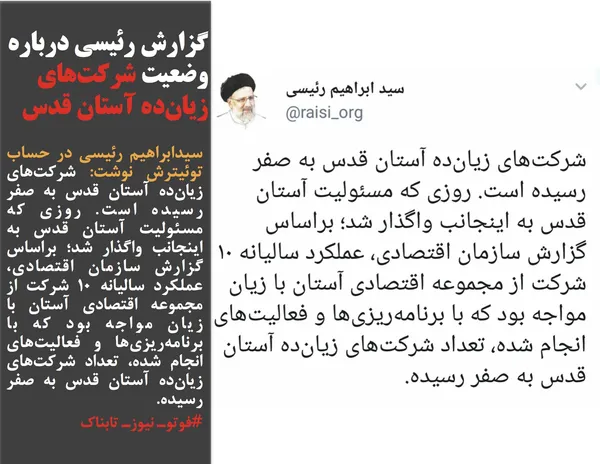 سیدابراهیم رئیسی در حساب توئیترش نوشت: شرکت&zwnj;های زیان&zwnj;ده آستان قدس به صفر رسیده است. روزی که مسئولیت آستان قدس به اینجانب واگذار شد؛ براساس گزارش سازمان اقتصادی، عملکرد سالیانه ۱۰ شرکت از مجموعه اقتصادی آستان با زیان مواجه بود که با برنامه&zwnj;ریزی&zwnj;ها و فعالیت&zwnj;های انجام شده، تعداد شرکت&zwnj;های زیان&zwnj;ده آستان قدس به صفر رسیده.

