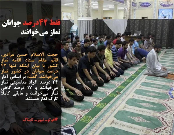 حجت الاسلام حسن مرادی، قائم مقام ستاد اقامه نماز کشور با بیان اینکه تنها ۴۲ درصد جوانان در کشور نماز می&zwnj;خوانند، گفت: بر اساس آمار ۲۴ درصد افراد مناسبتی نماز می&zwnj;خوانند و ۱۷ درصد گاهی نماز می&zwnj;خوانند و مابقی کاملا تارک نماز هستند.
