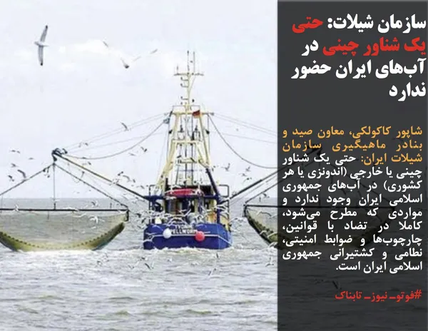 شاپور کاکولکی، معاون صید و بنادر ماهیگیری سازمان شیلات ایران: حتی یک شناور چینی یا خارجی (اندونزی یا هر کشوری) در آب&zwnj;های جمهوری اسلامی ایران وجود ندارد و مواردی که مطرح می&zwnj;شود، کاملا در تضاد با قوانین، چارچوب&zwnj;ها و ضوابط امنیتی، نطامی و کشتیرانی جمهوری اسلامی ایران است.
