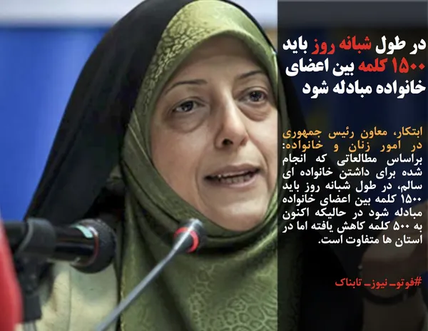 ابتکار، معاون رئیس جمهوری در امور زنان و خانواده: براساس مطالعاتی که انجام شده برای داشتن خانواده ای سالم، در طول شبانه روز باید 1500 کلمه بین اعضای خانواده مبادله شود در حالیکه اکنون به 500 کلمه کاهش یافته اما در استان ها متفاوت است.
