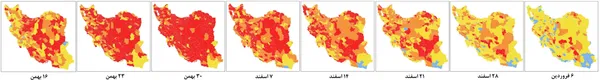  روند تغییرات نقشه رنگ&zwnj;بندی کرونایی در کشورمان از ابتدای بهمن&zwnj;ماه/ برای دیدین تصویر در ابعاد بزرگتر روی آن کلیک کنید 