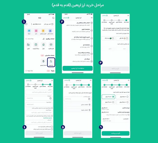 راهنمای تصویری خرید ارز اربعین با پیام رسان بله. برای دیدن تصویر در ابعاد بزرگتر، روی آن کلیک کنید