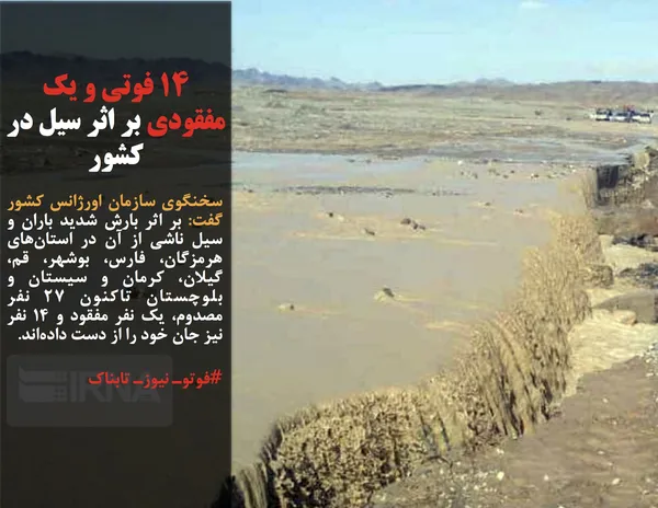 سخنگوی سازمان اورژانس کشور گفت: بر اثر بارش شدید باران و سیل ناشی از آن در استان&zwnj;های هرمزگان، فارس، بوشهر، قم، گیلان، کرمان و سیستان و بلوچستان تاکنون ۲۷ نفر مصدوم، یک نفر مفقود و ۱۴ نفر نیز جان خود را از دست داده&zwnj;اند.
