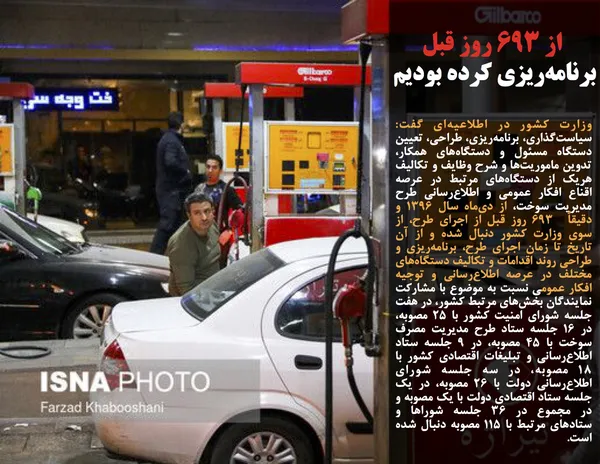 وزارت کشور در اطلاعیه&zwnj;ای گفت: سیاست&zwnj;گذاری، برنامه&zwnj;ریزی، طراحی، تعیین دستگاه مسئول و دستگاه&zwnj;های همکار، تدوین ماموریت&zwnj;ها و شرح وظایف و تکالیف هریک از دستگاه&zwnj;های مرتبط در عرصه اقناع افکار عمومی و اطلاع&zwnj;رسانی طرح مدیریت سوخت، از دی&zwnj;ماه سال ۱۳۹۶ و دقیقاً&nbsp; ۶۹۳ روز قبل از اجرای طرح، از سوی وزارت کشور دنبال شده و از آن تاریخ تا زمان اجرای طرح، برنامه&zwnj;ریزی و طراحی روند اقدامات و تکالیف دستگاه&zwnj;های مختلف در عرصه اطلاع&zwnj;رسانی و توجیه افکار عمومی نسبت به موضوع با مشارکت نمایندگان بخش&zwnj;های مرتبط کشور، در هفت جلسه شورای امنیت کشور با ۲۵ مصوبه، در ۱۶ جلسه ستاد طرح مدیریت مصرف سوخت با ۴۵ مصوبه، در ۹ جلسه ستاد اطلاع&zwnj;رسانی و تبلیغات اقتصادی کشور با ۱۸ مصوبه، در سه جلسه شورای اطلاع&zwnj;رسانی دولت با ۲۶ مصوبه، در یک جلسه ستاد اقتصادی دولت با یک مصوبه و در مجموع در ۳۶ جلسه شوراها و ستادهای مرتبط با ۱۱۵ مصوبه دنبال شده است.
