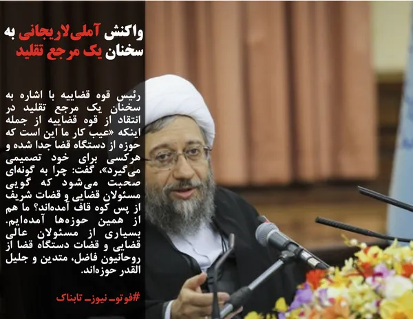 رئیس قوه قضاییه با اشاره به سخنان یک مرجع تقلید در انتقاد از قوه قضاییه از جمله اینکه &laquo;عیب کار ما این است که حوزه از دستگاه قضا جدا شده و هرکسی برای خود تصمیمی می&zwnj;گیرد&raquo;، گفت: چرا به گونه&zwnj;ای صحبت می&zwnj;شود که گویی مسئولان قضایی و قضات شریف از پس کوه قاف آمده&zwnj;اند؟ ما هم از همین حوزه&zwnj;ها آمده&zwnj;ایم. بسیاری از مسئولان عالی قضایی و قضات دستگاه قضا از روحانیون فاضل، متدین و جلیل القدر حوزه&zwnj;اند.

