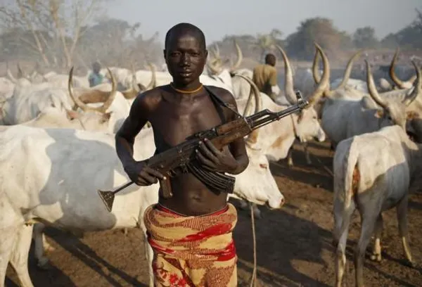  آتش نبردهای قبیله&zwnj;ای در گوشه و کنار سودان جنوبی، دوباره شعله کشیده، یک چوپان سودانی در نزدیکی رام بک در حالیکه یک کلاشنیکف در دست دارد از گاوها مراقبت می کند.بحران جنگ داخلی در سودان وضعیت بسیار وخیمی در این کشور بوجود آورده
REUTERS/Goran Tomasevic
