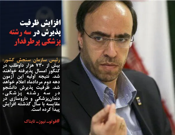 رئیس سازمان سنجش کشور: بیش از ۷۳۰ هزار داوطلب در کنکور امسال پذیرفته خواهند شد. نتیجه اولیه این آزمون دهه دوم مردادماه اعلام خواهد شد. ظرفیت پذیرش دانشجو در سه رشته پزشکی، دندان&zwnj;پزشکی و داروسازی در مقایسه با سال گذشته افزایش پیدا کرده است.

