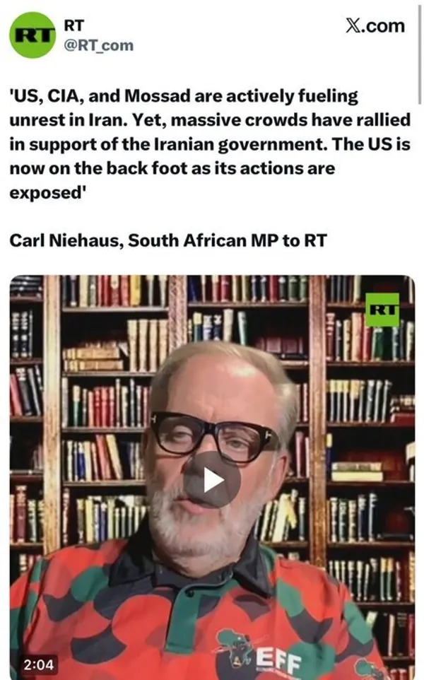 کارل نیهاوس، نماینده مجلس آفریقای جنوبی:

&laquo;آمریکا، سازمان سیا و موساد به شکل فعالی در حال دامن زدن به اعتراضات در ایران هستند.&raquo;