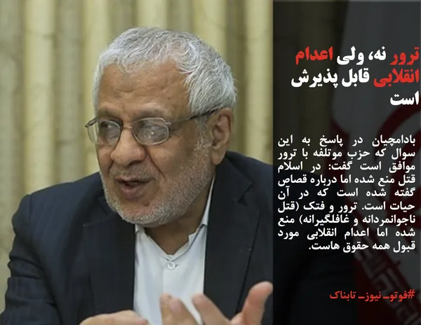 بادامچیان در پاسخ به این سوال که حزب موتلفه با ترور موافق است گفت: در اسلام قتل منع شده اما درباره قصاص گفته شده است که در آن حیات است. ترور و فتک (قتل ناجوانمردانه و غافلگیرانه) منع شده اما اعدام انقلابی مورد قبول همه حقوق هاست.
