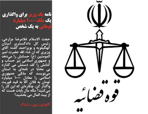 حجت الاسلام غلامرضا مزارعی، رئیس کل دادگستری استان کهگیلویه و بویراحمد گفت: آقای وزیری که ان شاء الله حضرت امیر المومنین (ع) حسابش را می&zwnj;دهد و جمهوری اسلامی نیز حساب و کتابش را کف دستش می گذارد بی محابا در نامه&zwnj;ای به استان می&zwnj;نویسد که ملکی جمهوری اسلامی را معادل 1000 میلیارد تومان به فلان آقا به قید فوریت واگذار کن، چکاره&zwnj;ای که این کار را می&zwnj;کنید؟ مگه مال بابات هست که از بیت المال می بخشید؟
