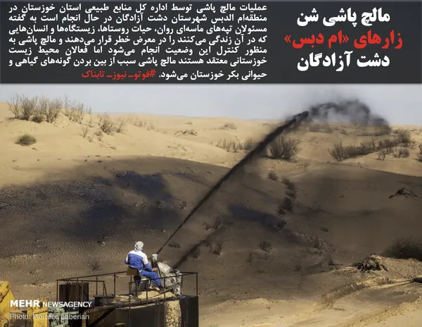 عملیات مالچ پاشی توسط اداره کل منابع طبیعی استان خوزستان در منطقه&zwnj;ام الدبس شهرستان دشت آزادگان در حال انجام است به گفته مسئولان تپه&zwnj;های ماسه&zwnj;ای روان، حیات روستاها، زیستگاه&zwnj;ها و انسان&zwnj;هایی که در آن زندگی می&zwnj;کنند را در معرض خطر قرار می&zwnj;دهند و مالچ پاشی به منظور کنترل این وضعیت انجام می&zwnj;شود اما فعالان محیط زیست خوزستانی معتقد هستند مالچ پاشی سبب از بین بردن گونه&zwnj;های گیاهی و حیوانی بکر خوزستان می&zwnj;شود. #فوتوـ نیوزـ تابناک
