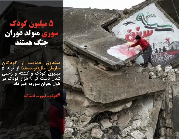 صندوق حمایت از کودکان سازمان ملل(یونیسف) از تولد ۵ میلیون کودک و کشته و زخمی شدن دست کم ۹ هزار کودک در طول بحران سوریه خبر داد.
