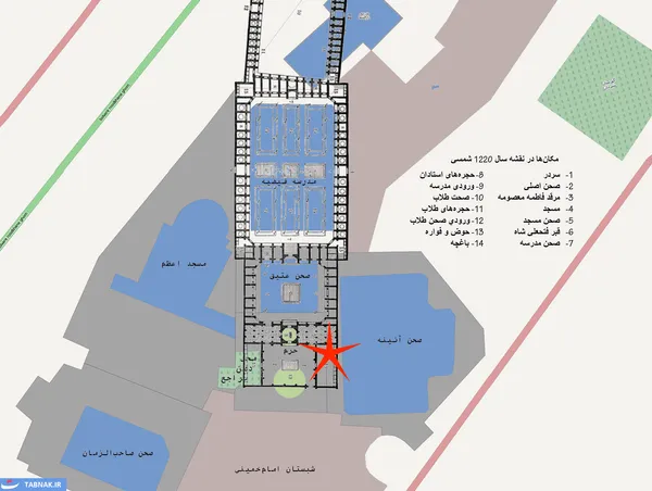 محل تقریبی وقوع حریق در حرم حضرت معصومه (س)