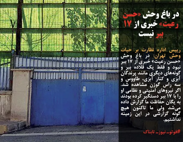 رییس اداره نظارت بر حیات وحش تهران: در باغ وحش &laquo;حسن رعیت&raquo; خبری از ۱۷ ببر نبود و فقط یک قلاده ببر و گونه&zwnj;های دیگری مانند پرندگان آبزی و کنار آبزی، طاووس و سه راس گوزن مشاهده شد. اگر نیروهای امنیتی و نظامی او را با ۱۷ ببر دستگیر کرده بودند به یگان حفاظت ما گزارش داده می&zwnj;شد ولی ما تاکنون هیچ گونه گزارشی در این زمینه نداشتیم. 
