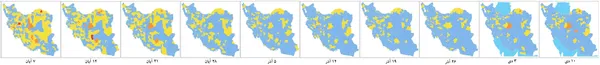 روند تغییرات نقشه رنگ&zwnj;بندی کرونایی در کشورمان در هفته&zwnj;های گذشته/ برای دیدن تصویر در ابعاد بزرگتر روی آن کلیک کنید 
