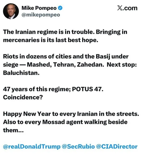 مایک پمپئو، وزیر خارجه سابق آمریکا:

&laquo;سال نو مبارک به همه ایرانیانی که در خیابان&zwnj;ها هستند. همچنین به هر مأمور موسادی که در کنارشان قدم می&zwnj;زند&raquo;

پرده&zwnj;برداری از نقش پنهان؛ اسناد دخالت آمریکا و اسرائیل در آشوب&zwnj;ها