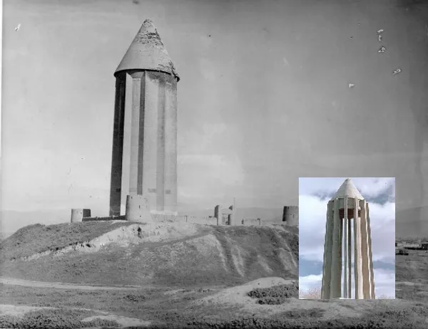 عکسی قدیمی از برج قابوس؛ همان گونه که در تصویر کوچکتر می‌بینید، مقبره بوعلی سینا در همدان نیز گرته‌برداری شده از گنبد قابوس است.