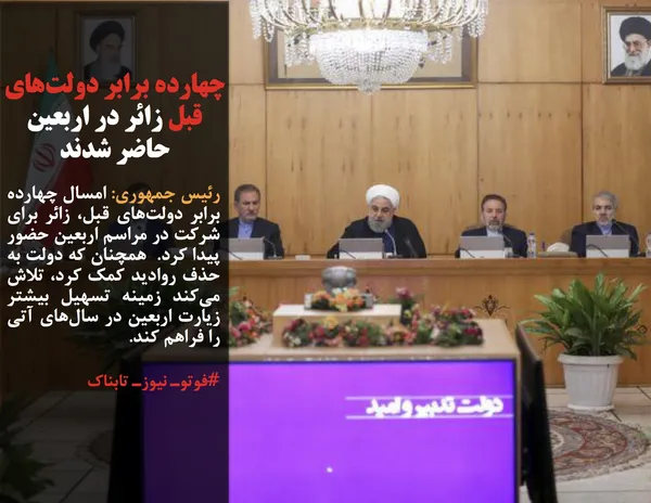 رئیس&zwnj; جمهوری: امسال چهارده برابر دولت&zwnj;های قبل، زائر برای شرکت در مراسم اربعین حضور پیدا کرد.  همچنان که دولت به حذف روادید کمک کرد، تلاش می&zwnj;کند زمینه تسهیل بیشتر زیارت اربعین در سال&zwnj;های آتی را فراهم کند.
