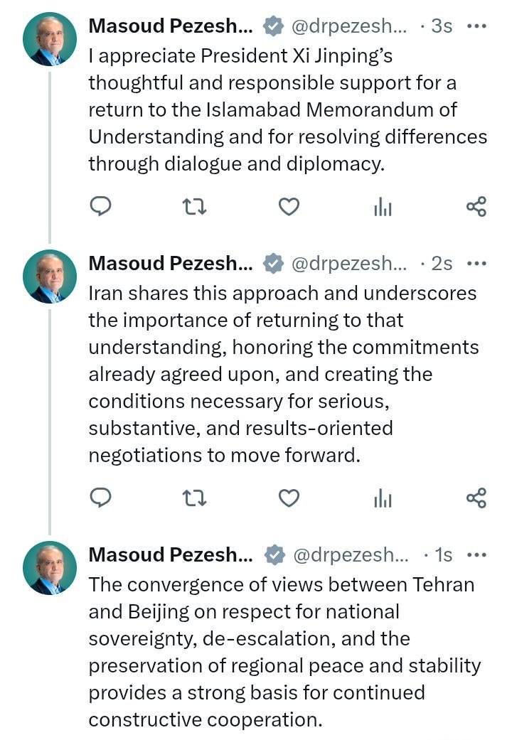 قدردانی پزشکیان از مواضع مسئولانه رئیس جمهور چین