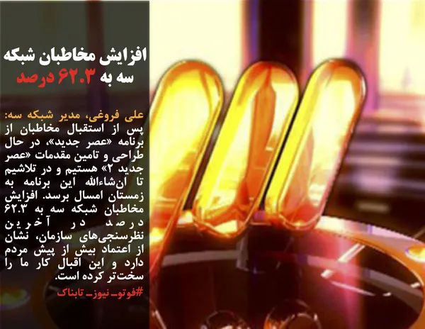 علی فروغی، مدیر شبکه سه: پس از استقبال مخاطبان از برنامه &laquo;عصر جدید&raquo;، در حال طراحی و تامین مقدمات &laquo;عصر جدید ۲&raquo; هستیم و در تلاشیم تا ان&zwnj;شاءالله این برنامه به زمستان امسال برسد. افزایش مخاطبان شبکه سه به ۶۲.۳ درصد در آخرین نظرسنجی&zwnj;های سازمان، نشان از اعتماد بیش از پیش مردم دارد و این اقبال کار ما را سخت&zwnj;تر کرده است.

