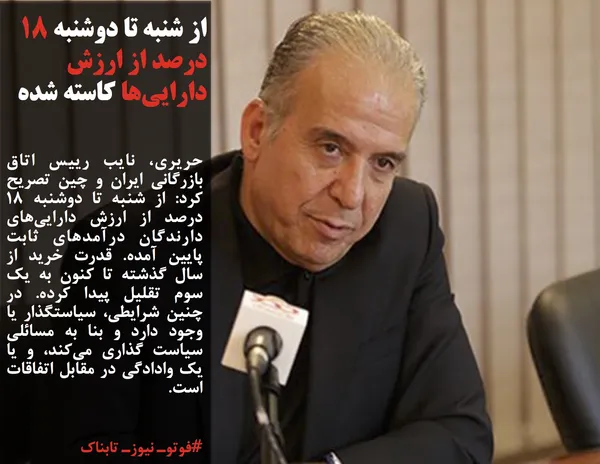حریری، نایب رییس اتاق بازرگانی ایران و چین تصریح کرد: از شنبه تا دوشنبه ۱۸ درصد از ارزش دارایی&zwnj;های دارندگان درآمد&zwnj;های ثابت پایین آمده. قدرت خرید از سال گذشته تا کنون به یک سوم تقلیل پیدا کرده. در چنین شرایطی، سیاستگذار یا وجود دارد و بنا به مسائلی سیاست گذاری می&zwnj;کند، و یا یک وادادگی در مقابل اتفاقات است.
