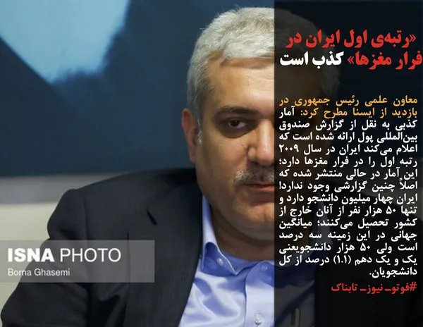 معاون علمی رئیس&zwnj; جمهوری در بازدید از ایسنا مطرح کرد: آمار کذبی به نقل از گزارش صندوق بین&zwnj;المللی پول ارائه شده است که اعلام می&zwnj;کند ایران در سال ۲۰۰۹ رتبه اول را در فرار مغزها دارد؛ این آمار در حالی منتشر شده که اصلاً چنین گزارشی وجود ندارد! ایران چهار میلیون دانشجو دارد و تنها ۵۰ هزار نفر از آنان خارج از کشور تحصیل می&zwnj;کنند؛ میانگین جهانی در این زمینه سه درصد است ولی ۵۰ هزار دانشجویعنی یک و یک دهم (۱.۱) درصد از کل دانشجویان.
#فوتوـ نیوزـ تابناک

