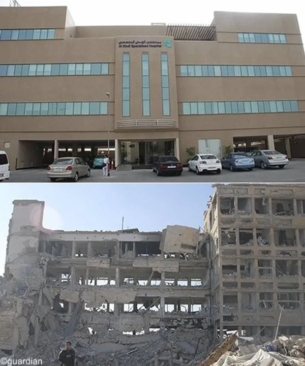 تصویر بالا بیمارستان الکیندی حلب در سال۲۰۱۲ و پایین ویرانه&zwnj;های بیمارستان پس از آغاز جنگ در سال۲۰۱۳