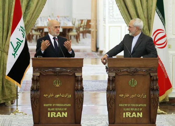 دیدار و نشست مشترک خبری محمدجواد ظریف وزیرامورخارجه جمهوری اسلامی ایران وابراهیم جعفری وزیر خارجه عراق شامگاه یکشنبه در ساختمان شماره یک وزارت امورخارجه برگزارشد./IRNA
