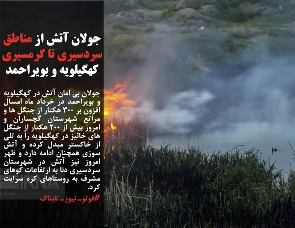 جولان بی امان آتش در کهگیلویه و بویراحمد در خرداد ماه امسال افزون بر ۳۰۰ هکتار از جنگل ها و مراتع شهرستان گچساران و امروز بیش از ۲۰۰ هکتار از جنگل های خائیز در کهگیلویه را به تلی از خاکستر مبدل کرده و آتش سوزی همچنان ادامه دارد و ظهر امروز نیز آتش در شهرستان سردسیری دنا به ارتفاعات کوهای مشرف به روستاهای کره سرایت کرد.
