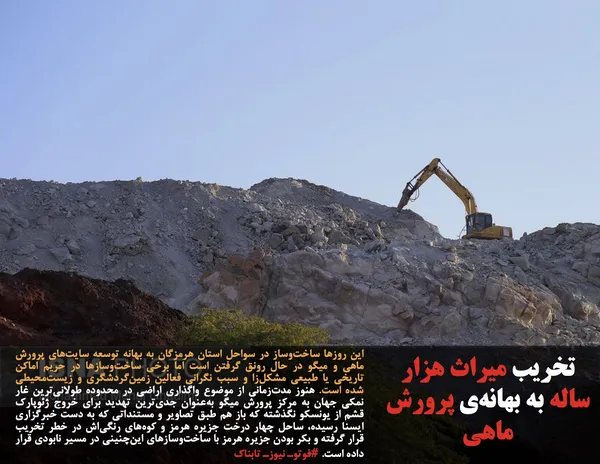 این روزها ساخت&zwnj;وساز در سواحل استان هرمزگان به بهانه توسعه سایت&zwnj;های پرورش ماهی و میگو در حال رونق گرفتن است اما برخی ساخت&zwnj;وسازها در حریم اماکن تاریخی یا طبیعی مشکل&zwnj;زا و سبب نگرانی فعالین زمین&zwnj;گردشگری و زیست&zwnj;محیطی شده است. هنوز مدت&zwnj;زمانی از موضوع واگذاری اراضی در محدوده طولانی&zwnj;ترین غار نمکی جهان به مرکز پرورش میگو به&zwnj;عنوان جدی&zwnj;ترین تهدید برای خروج ژئوپارک قشم از یونسکو نگذشته که باز هم طبق تصاویر و مستنداتی که به دست خبرگزاری ایسنا رسیده، ساحل چهار درخت جزیره هرمز و کوه&zwnj;های رنگی&zwnj;اش در خطر تخریب قرار گرفته و بکر بودن جزیره هرمز با ساخت&zwnj;وسازهای این&zwnj;چنینی در مسیر نابودی قرار داده است. #فوتوـ نیوزـ تابناک
