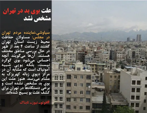 سیاوشی،نماینده مردم تهران در مجلس: مسئولان حفاظت محیط زیست استان تهران گفتند از ساعت ۴ بعد از ظهر در حال بررسی مناطق مختلف هستند. آن&zwnj;ها می&zwnj;گویند آنچه احساس می&zwnj;شود بوی گوگرد نیست، بلکه بویی شبیه آمونیاک است که مشابه آن در مرکز دپوی زباله کهریزک به مشام می&zwnj;رسد. هنوز علت این بوی بد مشخص نشده است و برخی دستگاه&zwnj;ها در تهران برای کشف علت بو بسیج شده&zwnj;اند.
