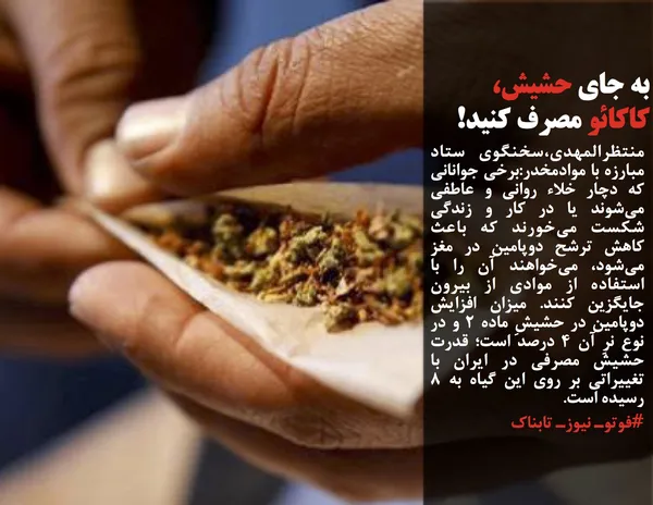 منتظرالمهدی،سخنگوی ستاد مبارزه با موادمخدر:برخی جوانانی که دچار خلاء روانی و عاطفی می&zwnj;شوند یا در کار و زندگی شکست می&zwnj;خورند که باعث کاهش ترشح دوپامین در مغز می&zwnj;شود، می&zwnj;خواهند آن را با استفاده از موادی از بیرون جایگزین کنند. میزان افزایش دوپامین در حشیشِ ماده ۲ و در نوع نرِ آن ۴ درصد است؛ قدرت حشیش مصرفی در ایران با تغییراتی بر روی این گیاه به ۸ رسیده است.
