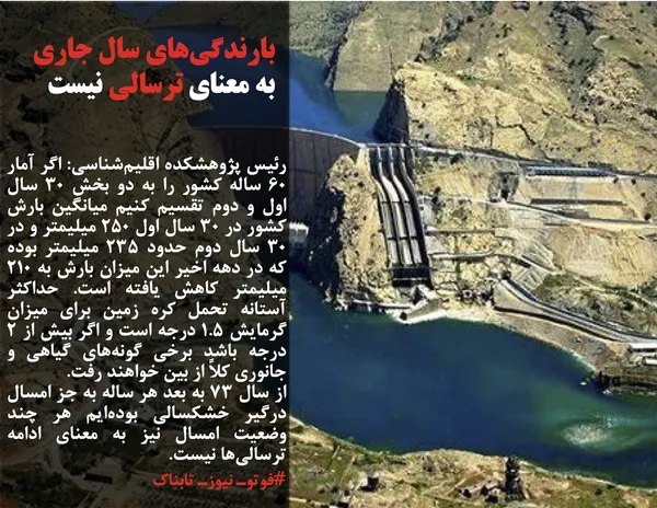 رئیس پژوهشکده اقلیم&zwnj;شناسی: اگر آمار ۶۰ ساله کشور را به دو بخش ۳۰ سال اول و دوم تقسیم کنیم میانگین بارش کشور در ۳۰ سال اول ۲۵۰ میلیمتر و در ۳۰ سال دوم حدود ۲۳۵ میلیمتر بوده که در دهه اخیر این میزان بارش به ۲۱۰ میلیمتر کاهش یافته است. حداکثر آستانه تحمل کره زمین برای میزان گرمایش ۱.۵ درجه است و اگر بیش از ۲ درجه باشد برخی گونه&zwnj;های گیاهی و جانوری کلاً از بین خواهند رفت.
از سال ۷۳ به بعد هر ساله به جز امسال درگیر خشکسالی بوده&zwnj;ایم هر چند وضعیت امسال نیز به معنای ادامه ترسالی&zwnj;ها نیست.