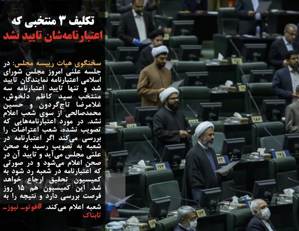 سخنگوی هیات رییسه مجلس: در جلسه علنی امروز مجلس شورای اسلامی اعتبارنامه نمایندگان تایید شد و تنها تایید اعتبارنامه سه منتخب سید کاظم دلخوش، غلامرضا تاج&zwnj;گردون و حسین محمدصالحی از سوی شعب اعلام نشد. در مورد اعتبارنامه&zwnj;هایی که تصویب نشده، شعب اعتراضات را بررسی می&zwnj;کند اگر اعتبارنامه در شعبه به تصویب رسید به صحن علنی مجلس می&zwnj;آید و تایید آن در صحن اعلام می&zwnj;شود و در صورتی که اعتبارنامه در شعبه رد شود به کمیسیون تحقیق ارجاع خواهد شد. این کمیسیون هم ۱۵ روز فرصت بررسی دارد و نتیجه را به شعبه اعلام می&zwnj;کند. #فوتوـ نیوزـ تابناک
