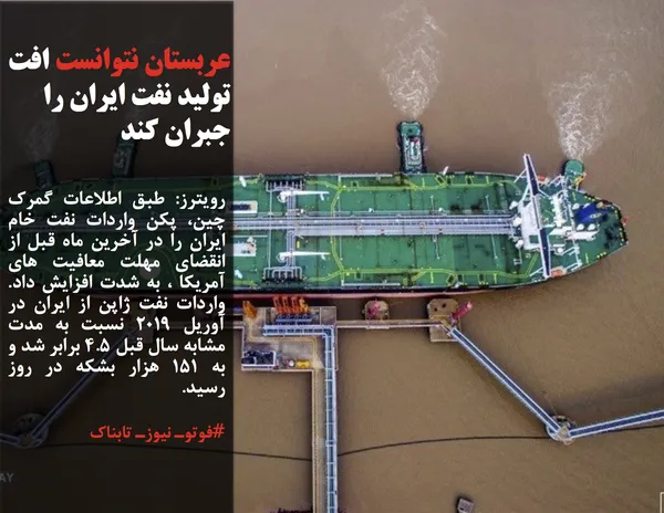 رویترز: طبق اطلاعات گمرک چین، پکن واردات نفت خام ایران را در آخرین ماه قبل از انقضای مهلت معافیت های آمریکا ، به شدت افزایش داد. واردات نفت ژاپن از ایران در آوریل ۲۰۱۹ نسبت به مدت مشابه سال قبل ۴.۵ برابر شد و به ۱۵۱ هزار بشکه در روز رسید. 
