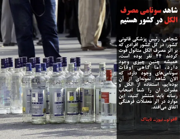 شجاعی، رئیس پزشکی قانونی کشور: در کل کشور افرادی که بر اثر مصرف الکل متانول فوت کردند 44 نفر بوده است، همیشه چنین چیزی وجود دارد، اما گاهی اوقات سونامی&zwnj;های وجود دارد، که الان شاهد نمونه&zwnj;ای از آن بوده&zwnj;ایم، استفاده از الکل و مضرات ان را شما اصحاب رسانه باید منتشر کنید، این موارد در اثر معضلات فرهنگی اتفاق می&zwnj;افتد.
