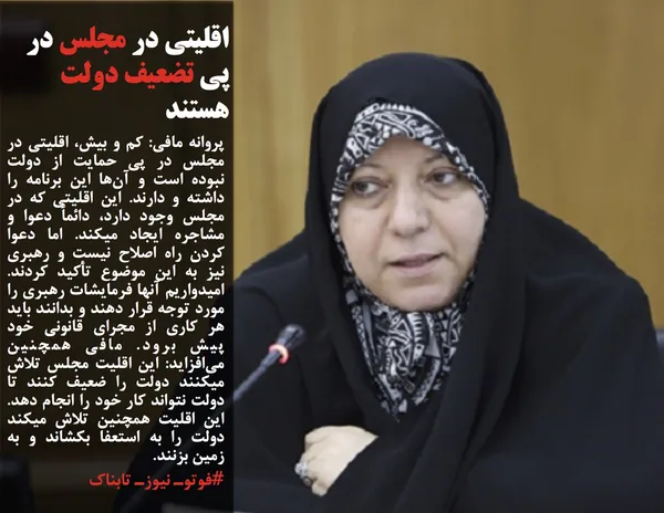 پروانه مافی: کم و بیش، اقلیتی در مجلس در پی حمایت از دولت نبوده است و آن&zwnj;ها این برنامه را داشته و دارند. این اقلیتی که در مجلس وجود دارد، دائماً دعوا و مشاجره ایجاد میکند. اما دعوا کردن راه اصلاح نیست و رهبری نیز به این موضوع تأکید کردند. امیدواریم آنها فرمایشات رهبری را مورد توجه قرار دهند و بدانند باید هر کاری از مجرای قانونی خود پیش برود. مافی همچنین می&zwnj;افزاید: این اقلیت مجلس تلاش میکنند دولت را ضعیف کنند تا دولت نتواند کار خود را انجام دهد. این اقلیت همچنین تلاش میکند دولت را به استعفا بکشاند و به زمین بزنند.
