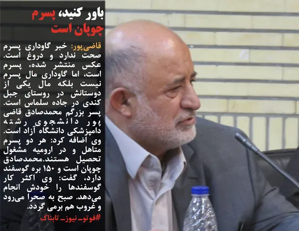 قاضی&zwnj;پور: خبر گاوداری پسرم صحت ندارد و دروغ است. عکس منتشر شده، پسرم است، اما گاوداری مال پسرم نیست بلکه مال یکی از دوستانش در روستای جبل کندی در جاده سلماس است. پسر بزرگم محمدصادق قاضی پور دانشجوی رشته دامپزشکی دانشگاه آزاد است. وی اضافه کرد: هر دو پسرم متاهل و در ارومیه مشغول تحصیل هستند.محمدصادق چوپان است و ۱۵۰ بره گوسفند دارد، گفت: وی اکثر کار گوسفند&zwnj;ها را خودش انجام می&zwnj;دهد. صبح به صحرا می&zwnj;رود و غروب هم برمی گردد.
