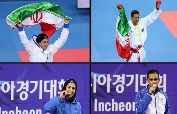 حمیده عباسعلی نماینده وزن به اضافه ۶۸ کیلوگرم و سعید حسنی&zwnj;پور نماینده وزن منهای ۷۵ کیلوگرم کاراته موفق به کسب مدال طلا در سیزدهمین روز بازی&zwnj;های آسیایی اینچئون شدند./IRNA
