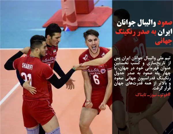 تیم ملی والیبال جوانان ایران پس از تاریخ&zwnj;سازی و کسب نخستین عنوان قهرمانی خود در جهان، با چهار پله صعود به صدر جدول رنکینگ فدراسیون جهانی صعود و بالاتر از همه قدرت&zwnj;های جهان قرار گرفت.
#فوتوـ نیوزـ تابناک
