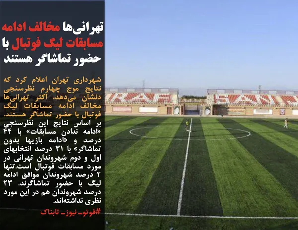 شهرداری تهران اعلام کرد که نتایج موج چهارم نظرسنجی دنشان می&zwnj;دهد، اکثر تهرانی&zwnj;ها مخالف ادامه مسابقات لیگ فوتبال با حضور تماشاگر هستند. بر اساس نتایج این نظرسنجی &laquo;ادامه ندادن مسابقات&raquo; با ۴۴ درصد و &laquo;ادامه بازی&shy;ها بدون تماشاگر&raquo; با ۳۱ درصد انتخاب&shy;های اول و دوم شهروندان تهرانی در مورد مسابقات فوتبال است.تنها ۲ درصد شهروندان موافق ادامه لیگ با حضور تماشاگرند. ۲۳ درصد شهروندان هم در این مورد نظری نداشته&shy;&zwnj;اند. 
