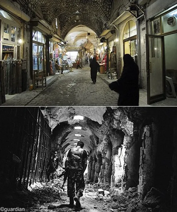بازار قدیم حلب - در بالا تصویری از سال۲۰۰۷ از مکان سیاحتی به نمایش گذاشته شده و در زیر تصویر این بازار در سال۲۰۱۳