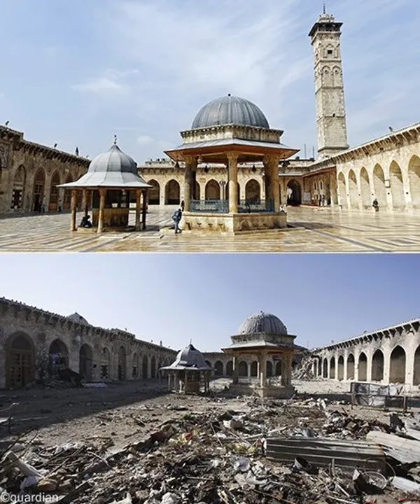 تصویر سال ۲۰۱۲مسجد اموی حلب و در پایین همین مسجد در سال ۲۰۱۳