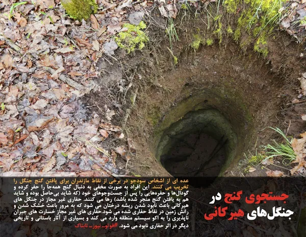 عده ای از اشخاص سودجو در برخی از نقاط مازندران برای &zwnj;یافتن گنج &zwnj;جنگل را تخریب می کنند. این افراد به صورت مخفی به دنبال گنج همه&zwnj;جا را حفر کرده&zwnj; و گودال&zwnj;ها و حفره&zwnj;هایی را پس از جست&zwnj;وجوهای خود (که شاید بی&zwnj;حاصل بوده و شاید هم به یافتن گنج منجر شده باشد) رها می کنند. حفاری غیر مجاز در جنگل های هیرکانی باعث نابود شدن ریشه درختان می شود که به مرور باعث خشک شدن و رانش زمین در نقاط حفاری شده می شود.حفاری های غیر مجاز خسارت های جبران ناپذیری را به اکو سیستم منطقه وارد می کند و بسیاری از آثار باستانی و تاریخی دیگر در اثر حفاری نابود می شود. #فوتوـ نیوزـ تابناک
