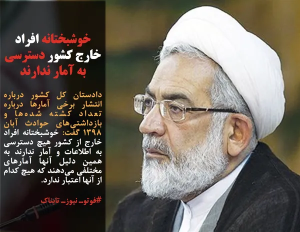 دادستان کل کشور درباره انتشار برخی آمارها درباره تعداد کشته شده&zwnj;ها و بازداشتی&zwnj;های حوادث آبان 1398 گفت: خوشبختانه افراد خارج از کشور هیچ دسترسی به اطلاعات و آمار ندارند به همین دلیل آنها آمارهای مختلفی می&zwnj;دهند که هیچ کدام از آنها اعتبار ندارد.
