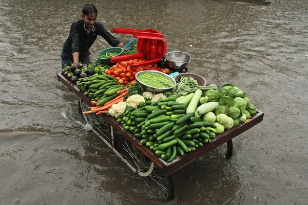 یک دستفروش هندی در احمدآباد، در حال عبور دادن چرخ دستی خود از خیابانی است که به دلیل بارش شدید باران دچار آب گرفتگی شده است. (AP)
