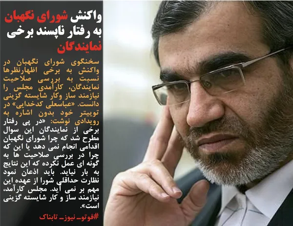 سخنگوی شورای نگهبان در واکنش به برخی اظهارنظرها نسبت به بررسی صلاحیت نمایندگان، کارآمدی مجلس را نیازمند ساز وکار شایسته گزینی دانست. &laquo;عباسعلی کدخدایی&raquo; در توییتر خود بدون اشاره به رویدادی نوشت: &laquo;در پی رفتار برخی از نمایندگان این سوال مطرح شد که چرا شورای نگهبان اقدامی انجام نمی دهد یا این که چرا در بررسی صلاحیت ها به گونه ای عمل نکرده که این نتایج به بار نیاید. باید اذعان نمود نظارت حداقلی شورا از عهده این مهم بر نمی آید. مجلس کارآمد، نیازمند ساز و کار شایسته گزینی است&raquo;.
