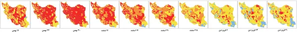 روند تغییرات نقشه رنگ&zwnj;بندی کرونایی در کشورمان در هفته&zwnj;های گذشته/ برای دیدین تصویر در ابعاد بزرگتر روی آن کلیک کنید 
